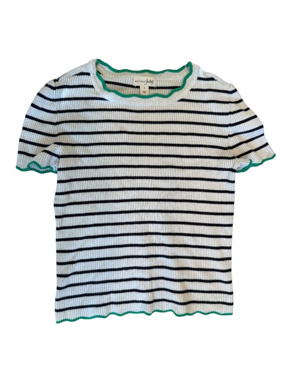 Maison Jules Ribbed Striped Knit Top with Navy Ivory Green Trim, Size Small